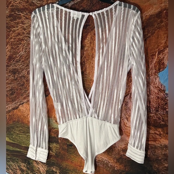 Dila Sheer Stripped Bodysuit in White by Superdown - Picture 6 of 14